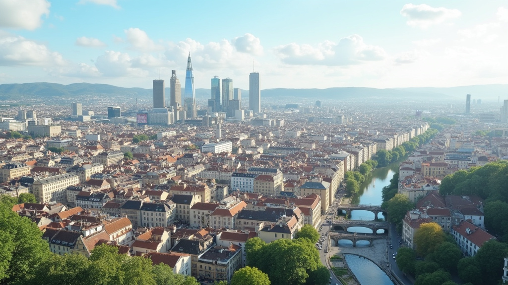 Vue de la ville d'Agen en automne, avec le pont de la Garonne et des arbres dorés