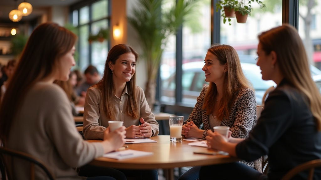 Groupe de personnes trans en discussion dans un café aixois, ambiance chaleureuse et bienveillante