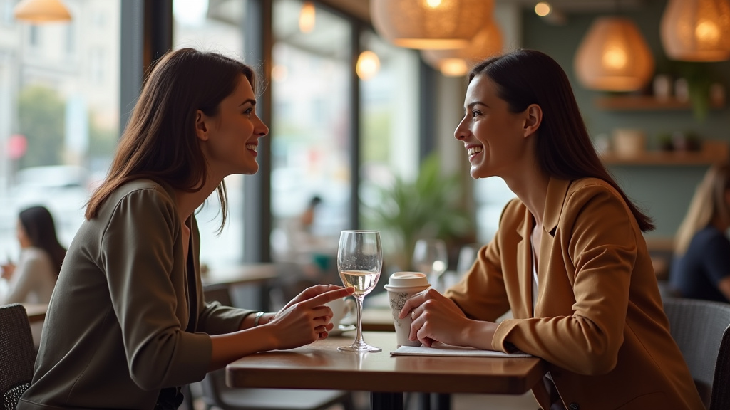 Deux personnes en conversation respectueuse dans un café d