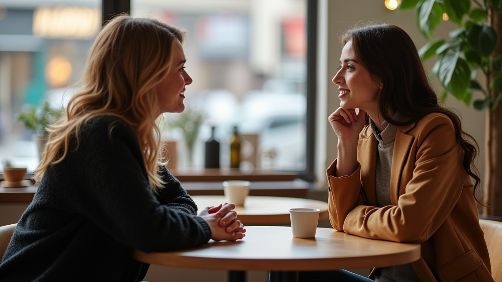 Deux personnes discutant avec respect et écoute dans un café annécien