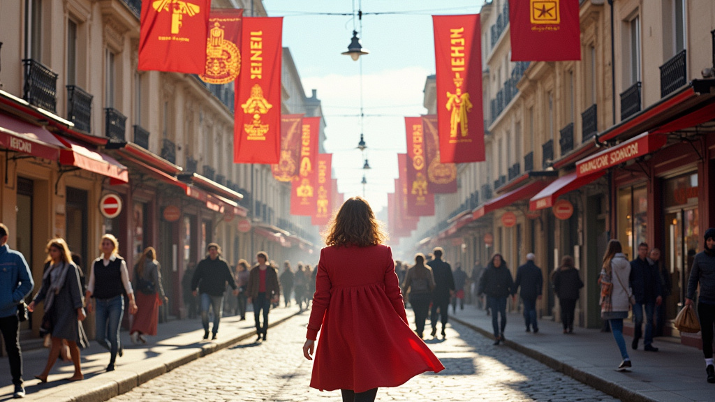 Personne trans marchant dans les rues historiques de Bayonne, entourée de drapeaux arc-en-ciel et de symboles inclusifs