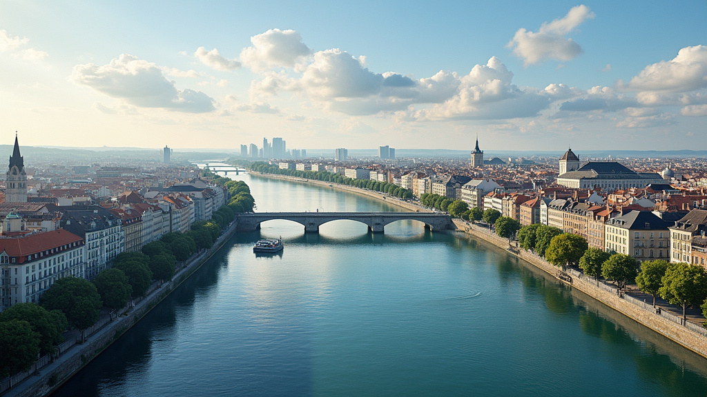 Vue aérienne du centre-ville de Bordeaux avec drapeaux arc-en-ciel flottant sur les quais de la Garonne