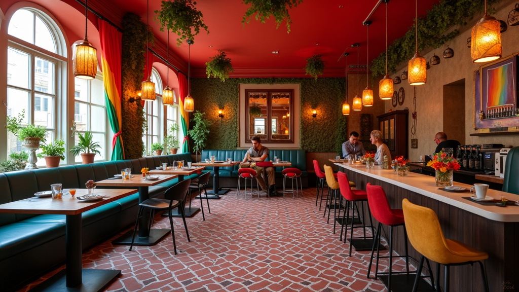 Intérieur du Coco Loko à Bordeaux, avec ambiance chaleureuse, clients en discussion et décor coloré avec drapeaux LGBTQIA+