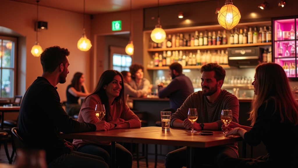 Intérieur chaleureux d’un bar associatif LGBTQIA+ à Caen, avec des personnes en conversation autour d'une table