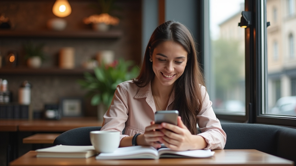 Personne trans en train de consulter un smartphone dans un café, entourée de livres et d’un mug de thé