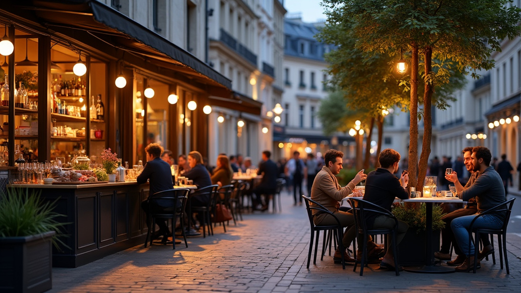 Café ouvert le soir à Courbevoie, avec des personnes discutant autour de tables, ambiance détendue