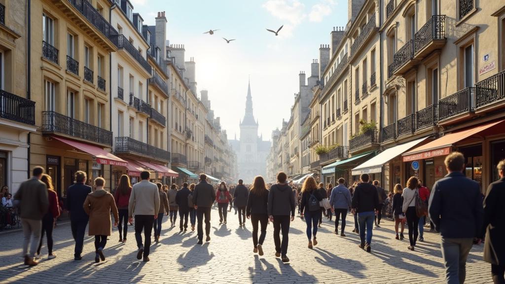 Vue panoramique de Dijon avec des personnes marchant dans une rue animée, symbolisant l'inclusivité et la diversité