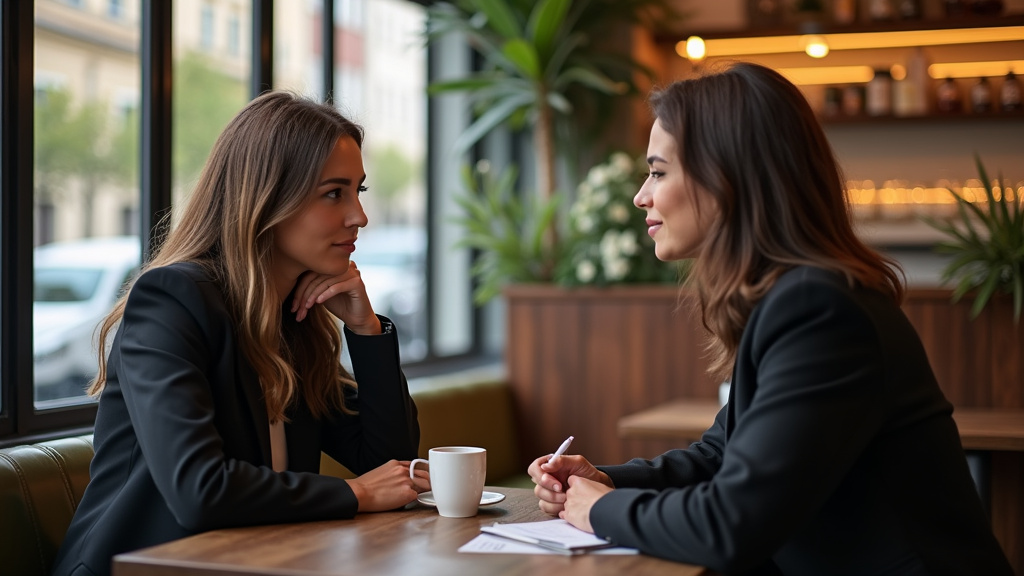 Deux personnes discutant calmement dans un café à Dijon, dans une atmosphère détendue et respectueuse