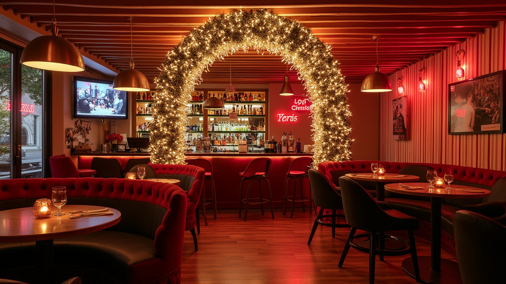 Intérieur du bar Le Paradx à Fréjus, ambiance festive, décoration arc-en-ciel, clients en tenue élégante