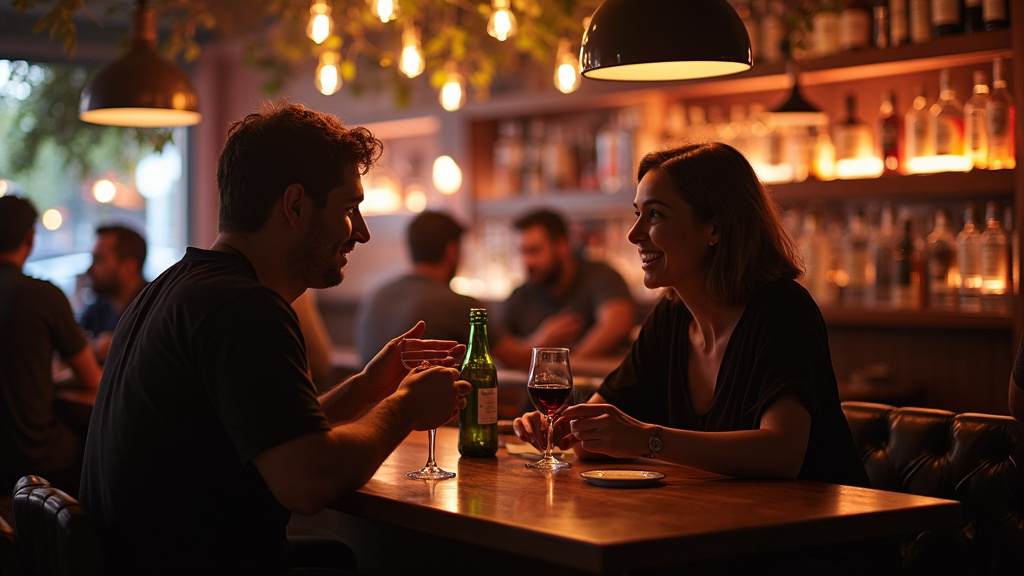 Bar LGBTQI+ à Genève, avec des personnes de diverses identités de genre en train de discuter en soirée