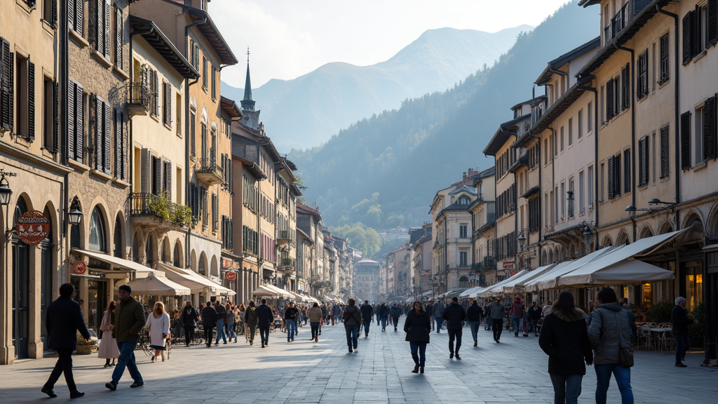 Ambiance vivante de Grenoble avec des passants dans les rues du centre-ville, près du quartier de la Place de la République