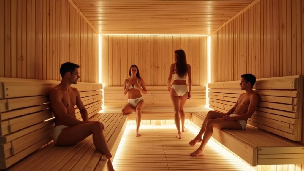 Intérieur du sauna Sun7 à Grenoble, avec des personnes dans des vestiaires et une ambiance chaleureuse