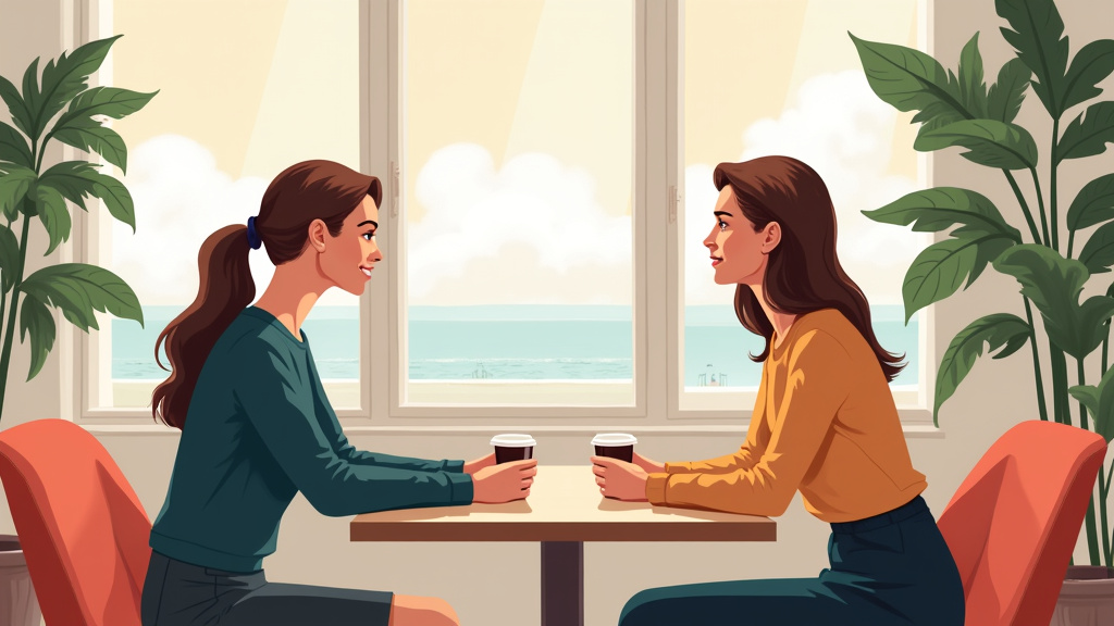 Illustration de deux personnes discutant calmement dans un café à Le Havre