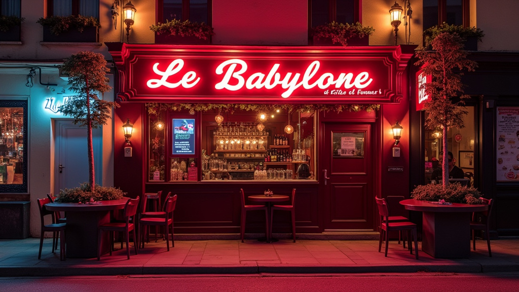Exterior du club Le Babylone à Le Mans, avec une enseigne lumineuse et une ambiance festive