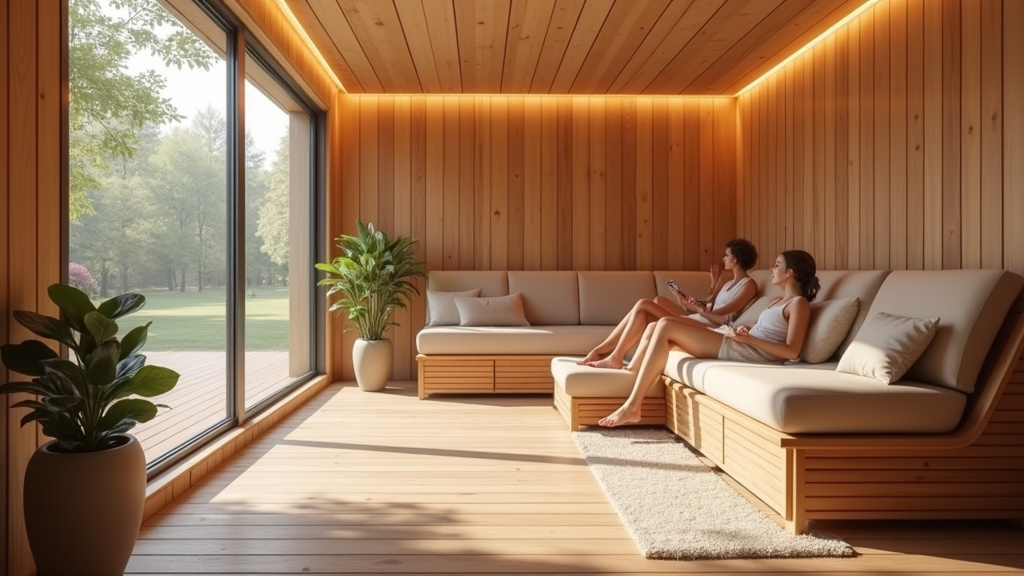 Intérieur du sauna Chéneïeux à Limoges, avec des personnes en détente dans un espace détente
