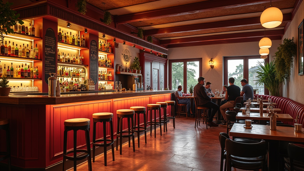 Intérieur chaleureux du bar La Madone à la Croix-Rousse, avec décor coloré, clients divers et ambiance conviviale