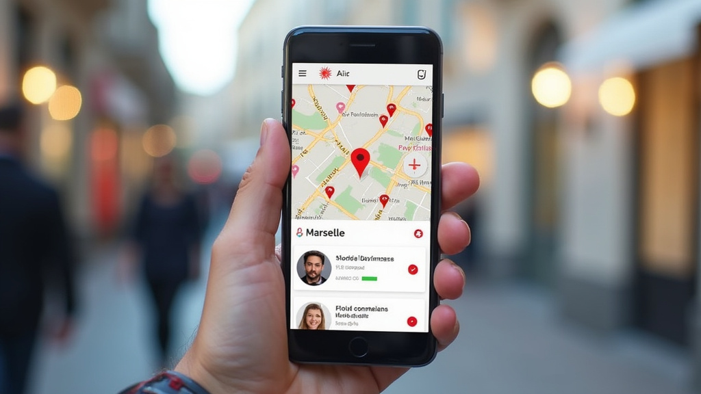 Écran de smartphone montrant une interface de site de rencontre trans avec des profils géolocalisés à Marseille