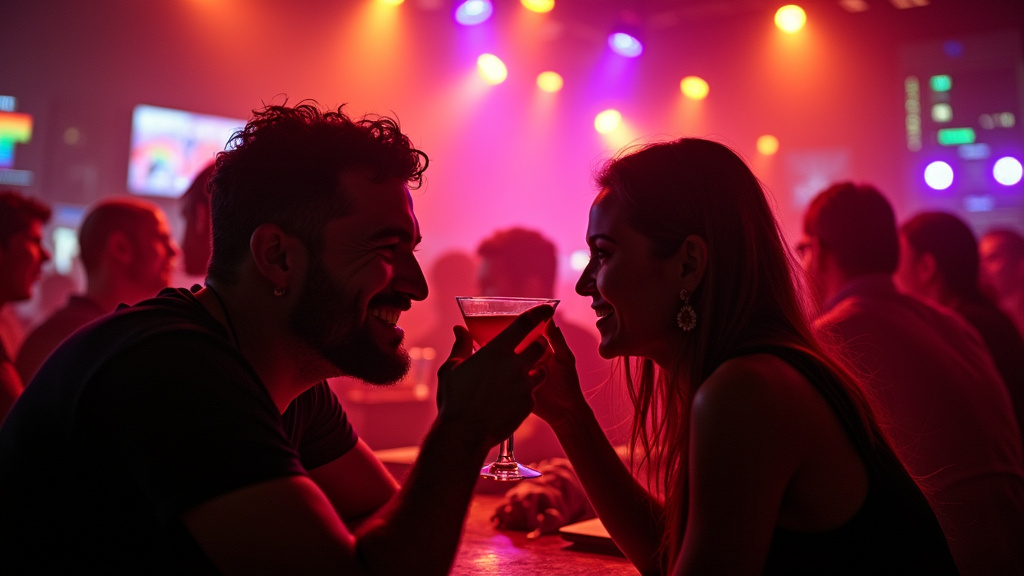 Vue nocturne d’un bar LGBTQIA+ à Marseille avec une ambiance festive et des clients joyeux