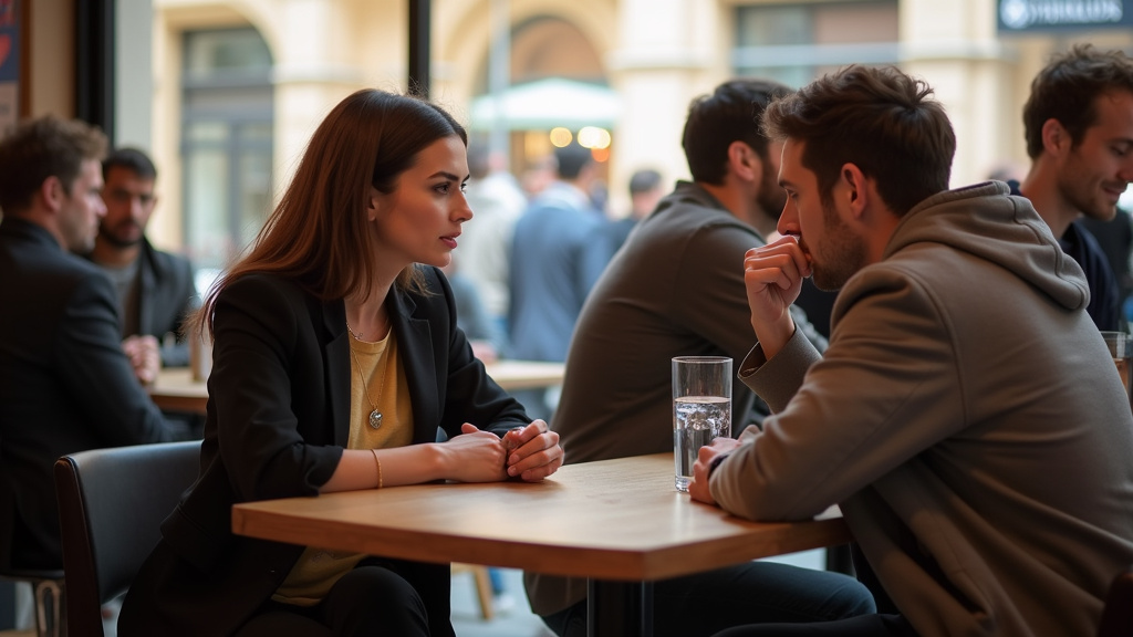 Personne trans en discussion avec une amie dans un café à Marseille, entourée de monde, ambiance publique