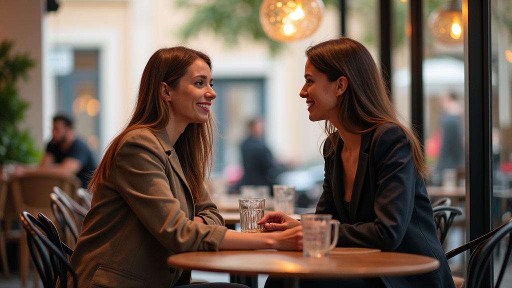 Deux personnes en discussion dans un café de Marseille, ambiance chaleureuse et bienveillante