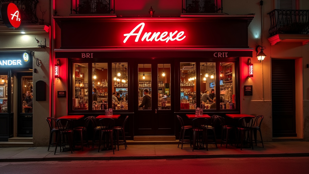 Entrée du bar Annexe à Marseille, 1er arrondissement, avec affiche rouge et ambiance nocturne