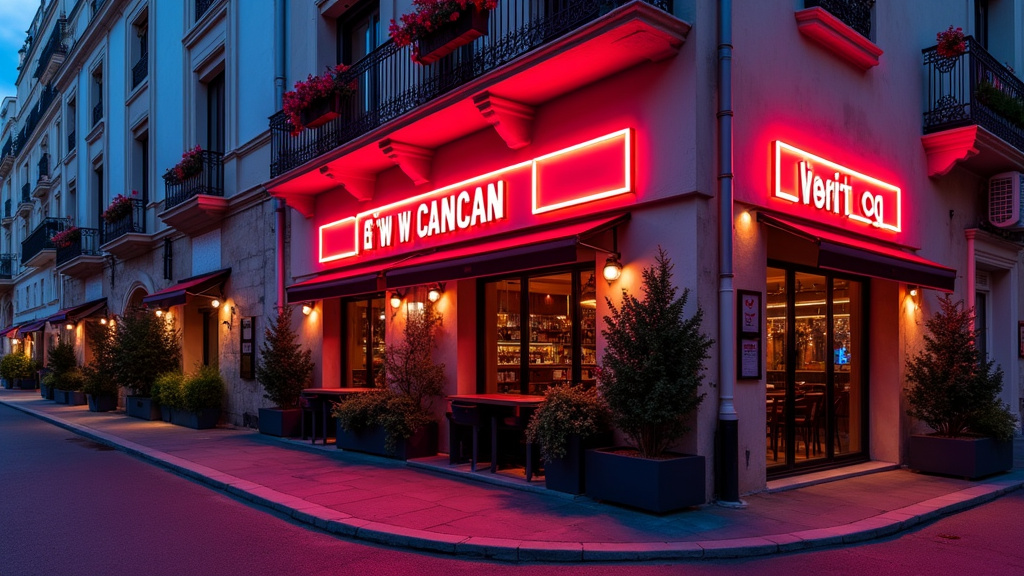 Exterieur du club New Cancan à Marseille, avec une enseigne lumineuse rouge et bleue