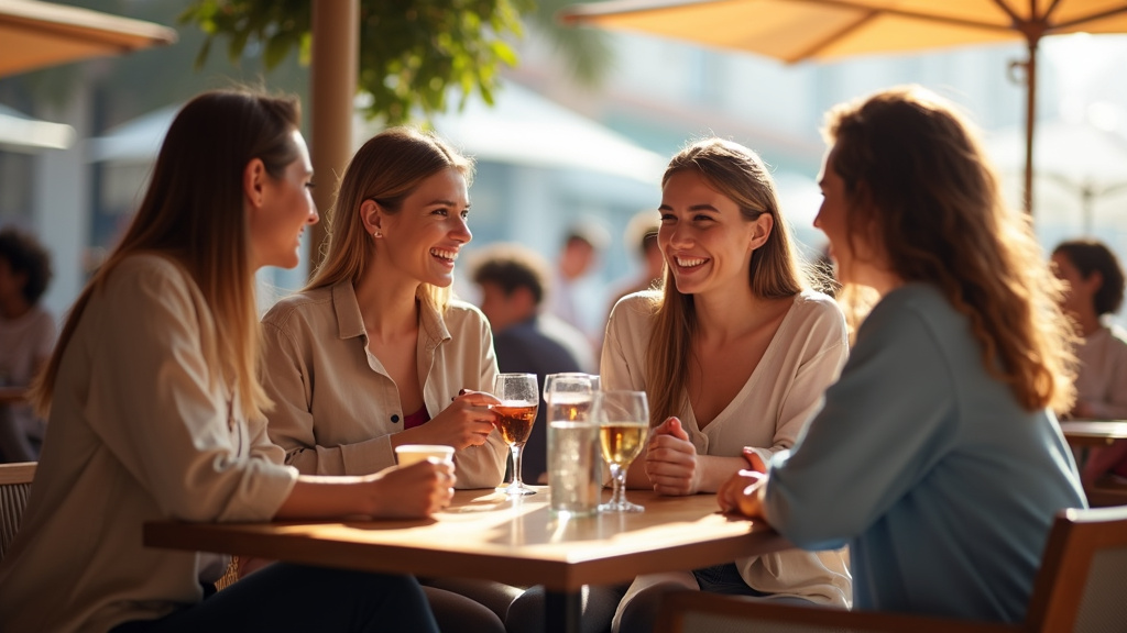 Personnes trans en conversation dans un café marseillais, souriantes et détendues