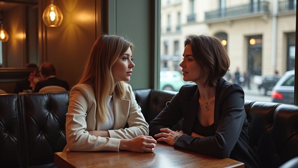 Personne transgenre en conversation avec une autre personne dans un café du 5ème arrondissement, regardant autour d