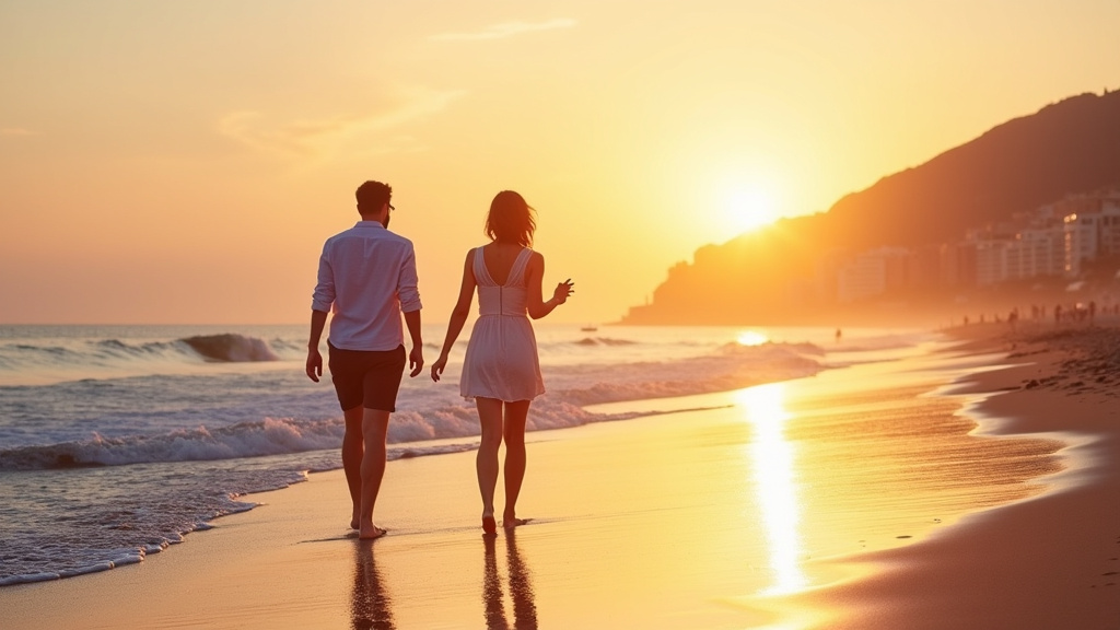 Personne transgenre marchant sur la plage de Menton au soleil couchant