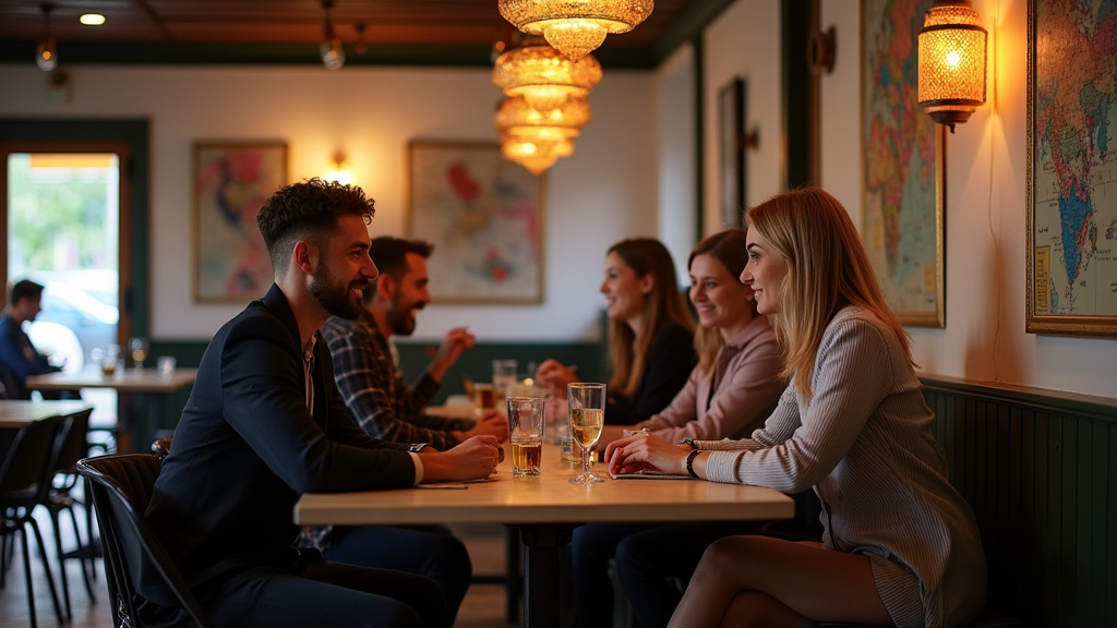 Intérieur chaleureux du bar associatif La Palette Café à Metz, Moselle, avec des clients LGBTQIA+ en discussion