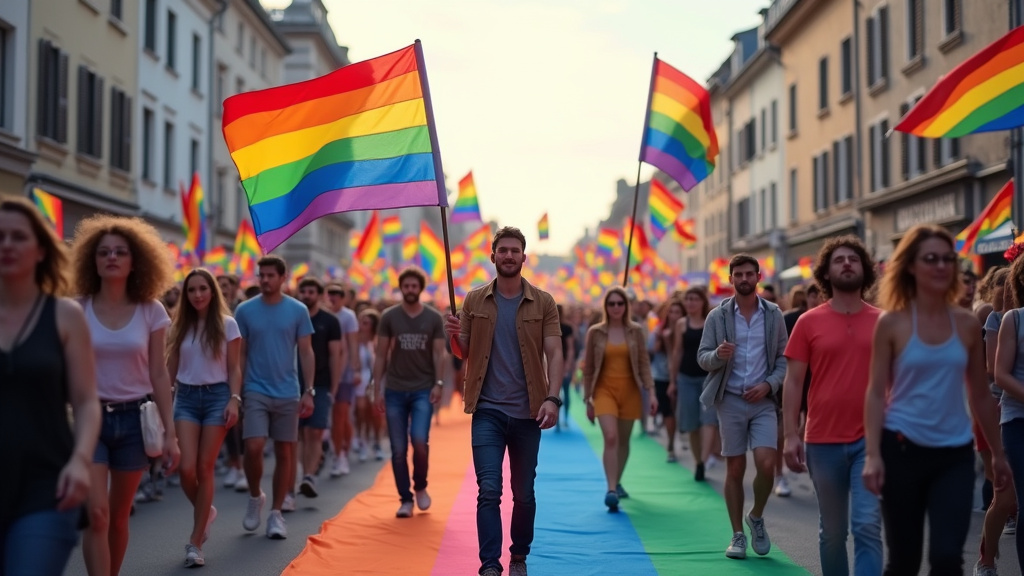 Défilé de la Marche des Fiertés à Metz en 2025, avec des participants LGBTQIA+ portant des drapeaux multicolores