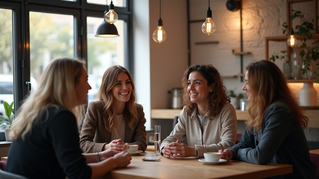 Espace inclusif pour la communauté trans à Mulhouse, avec des personnes en conversation dans un café ouvert et accueillant