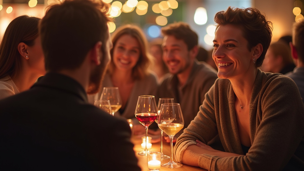Soirée communautaire organisée par une association LGBT+ à Mulhouse, avec des personnes en discussion dans un cadre chaleureux
