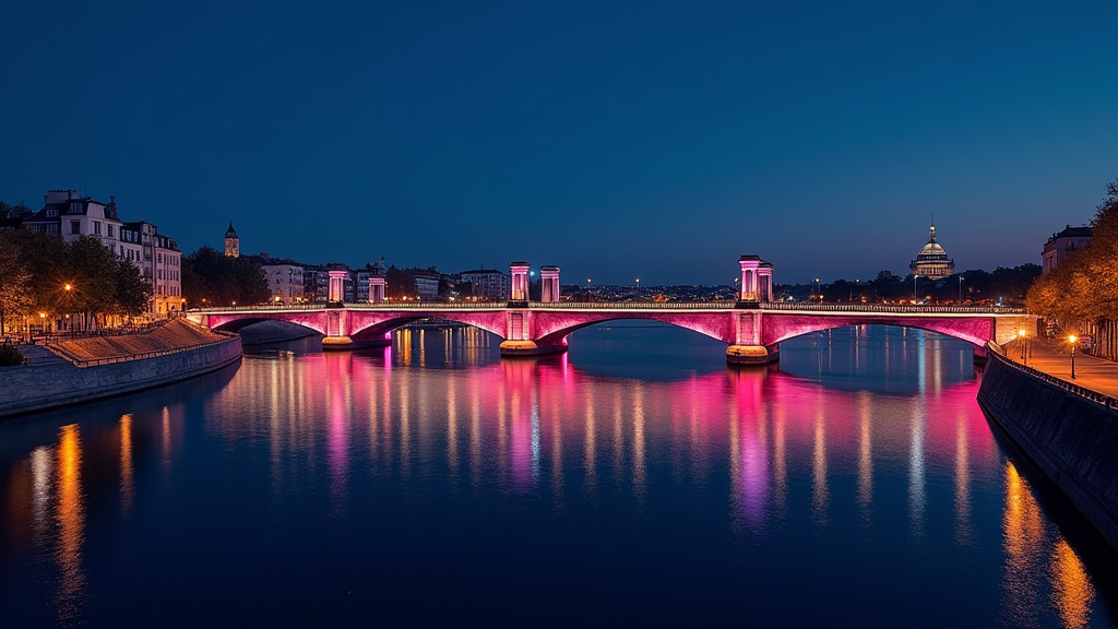 Vue nocturne de Nantes avec ses ponts illuminés et une atmosphère accueillante pour la communauté trans