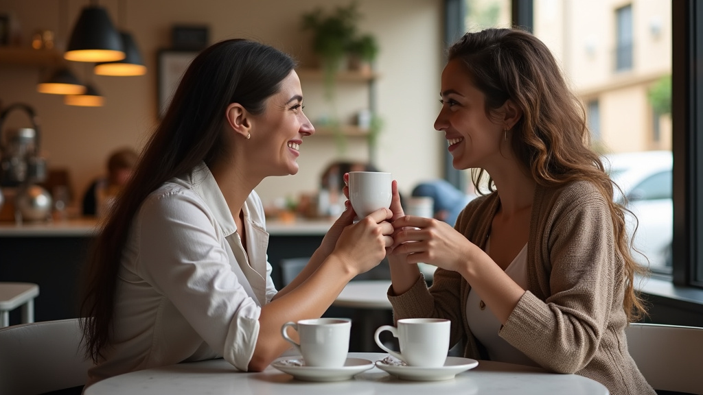Accueil chaleureux entre deux personnes dans un café de Narbonne, ambiance bienveillante et inclusive