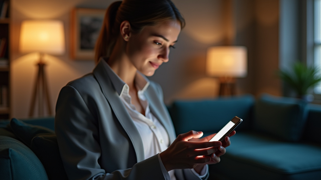 Personne consulte une application de rencontre trans sur son téléphone, dans un cadre calme et lumineux