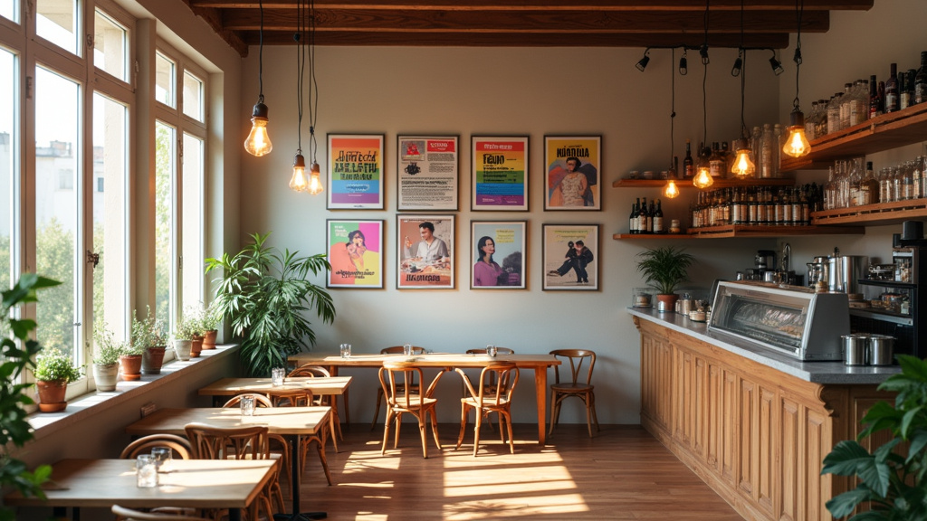 Café convivial à Narbonne avec affiches LGBTQIA+ visibles, ambiance chaleureuse et accueillante