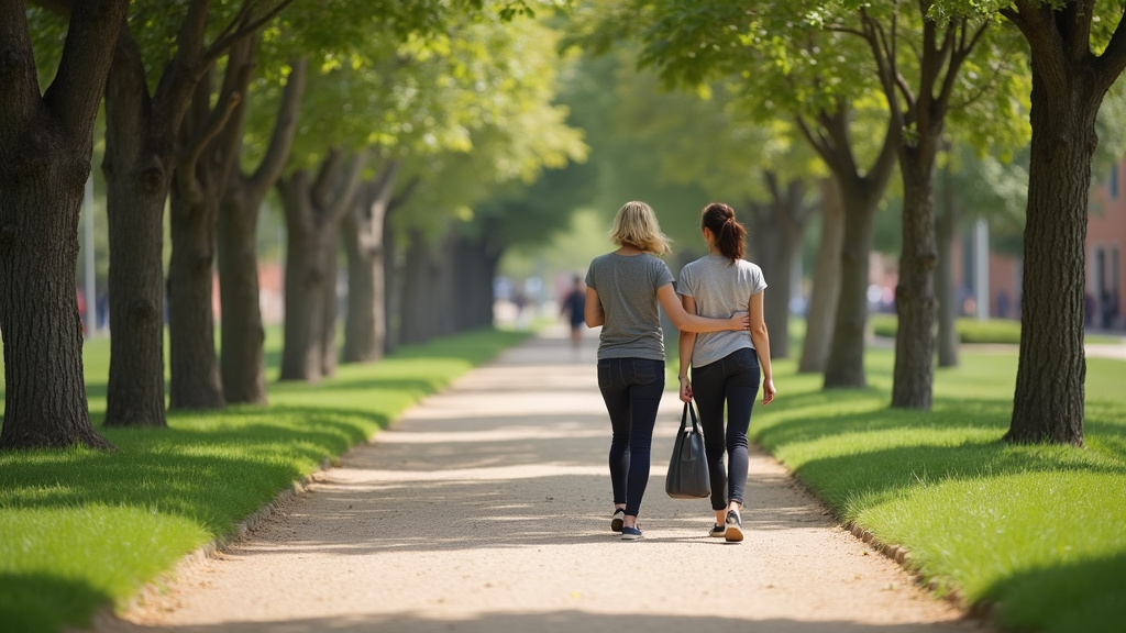 Deux personnes discutent calmement dans un parc de Narbonne, en journée, cadre public et sécurisé
