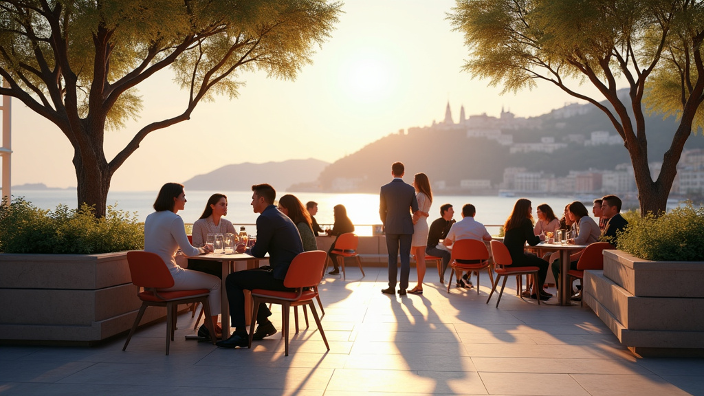 Personnes conversant calmement dans un lieu public à Nice, ambiance bienveillante