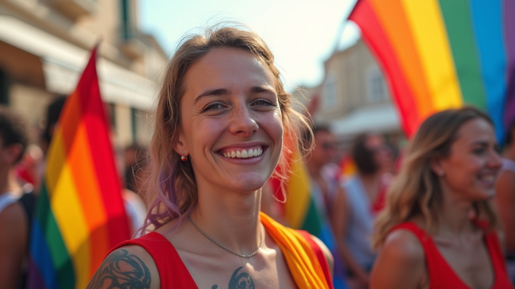Fête de la fierté LGBTQIA+ à Nîmes, avec des participants portant des drapeaux multicolores et des visages souriants