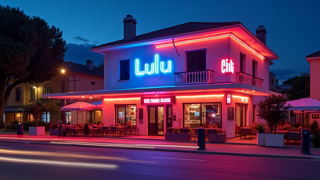 Exterior du Lulu Club à Nîmes, avec des lumières colorées et une file d'attente devant l'entrée