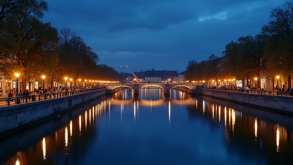 Vue nocturne du quai de la Loire à Orléans, des personnes se promenant près de la rivière