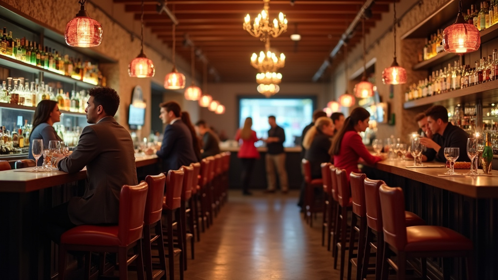 Intérieur d’un bar convivial avec clients transgenres et divers dans une ambiance chaleureuse