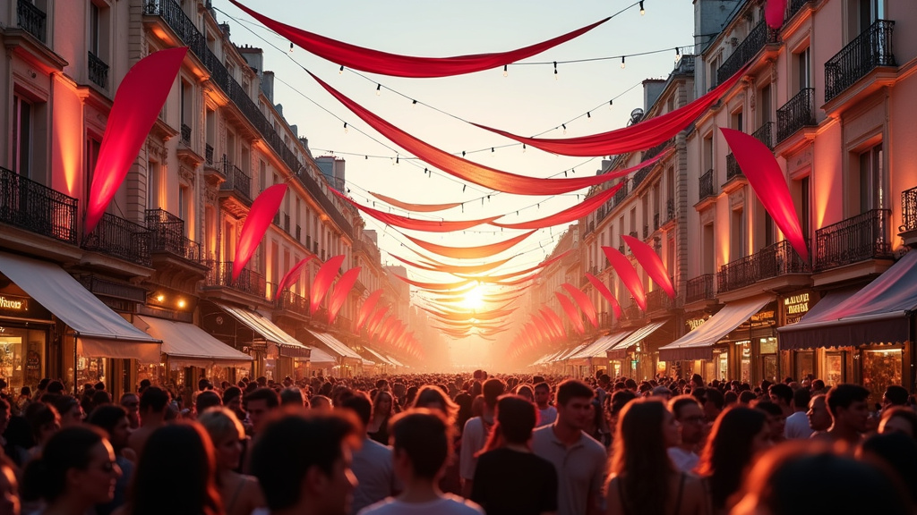 Festival des Fiertés du 12e arrondissement de Paris, rue animée avec drapeaux arc-en-ciel et public en fête