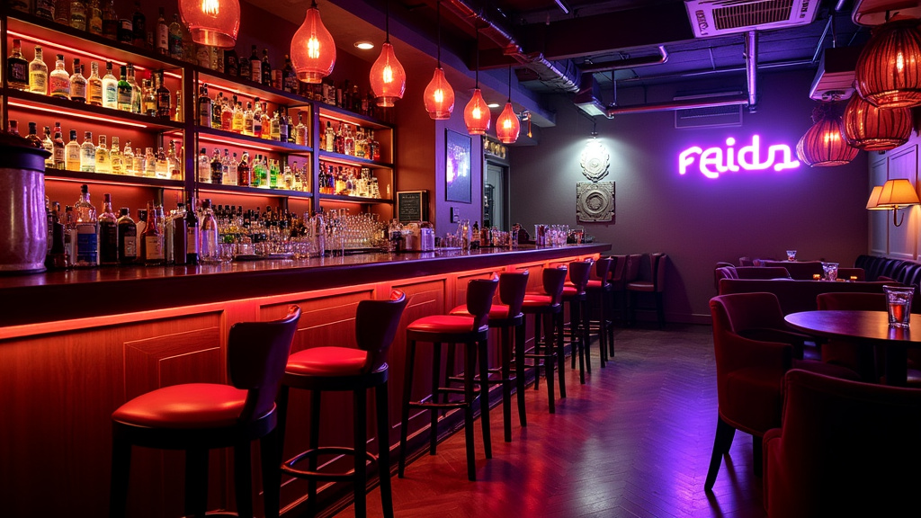 Intérieur du bar Raidd à Paris, 4e arrondissement, ambiance festive avec éclairages colorés et clients en tenue élégante