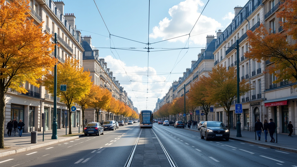 Avenue du 13e arrondissement de Paris, vue panoramique avec piétons et tramway en arrière-plan