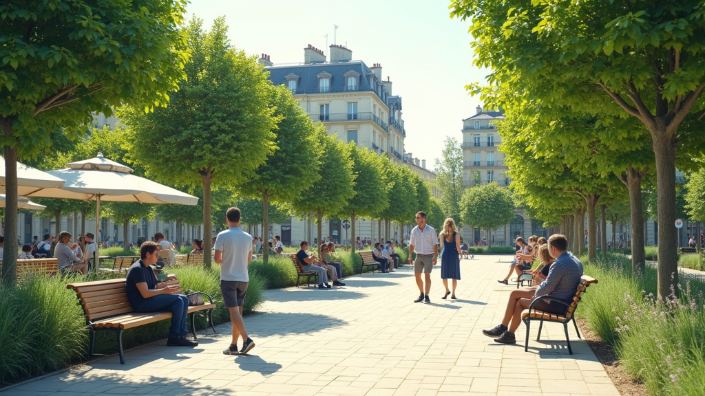 Jardin public du 13e arrondissement avec bancs, arbres et personnes en conversation