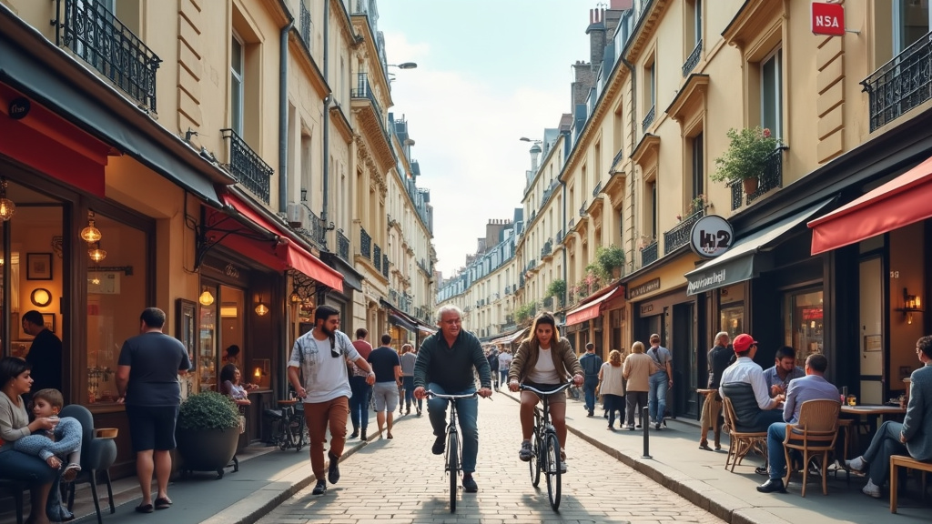 Vue de la rue du 14ème arrondissement, ambiance urbaine et conviviale avec des piétons en mouvement