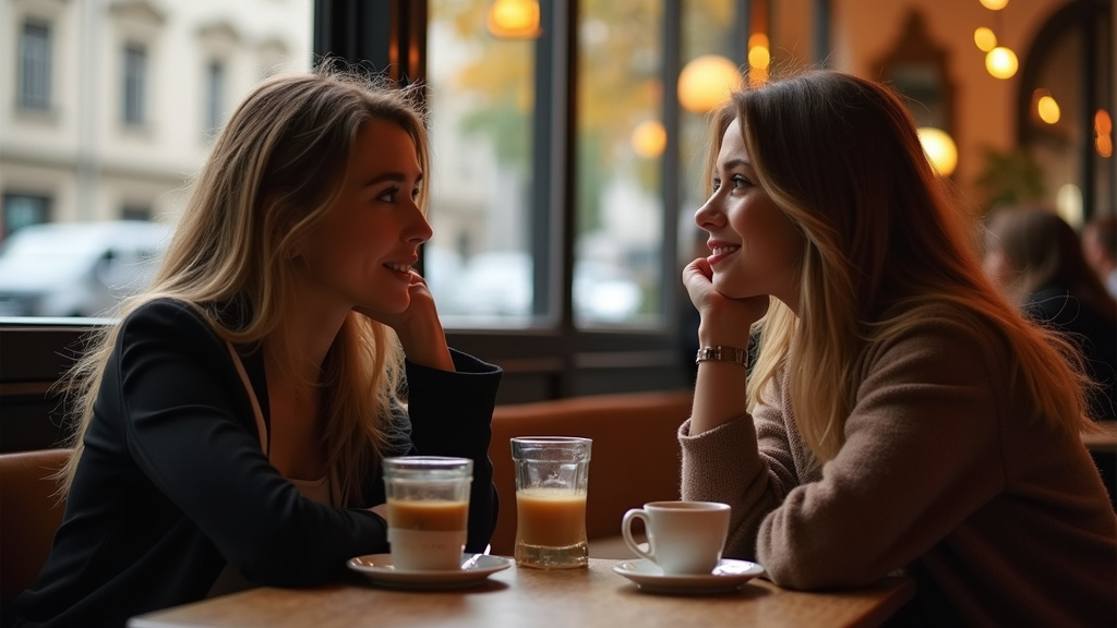 Deux personnes trans échangeant dans un café parisien, écoutant attentivement l