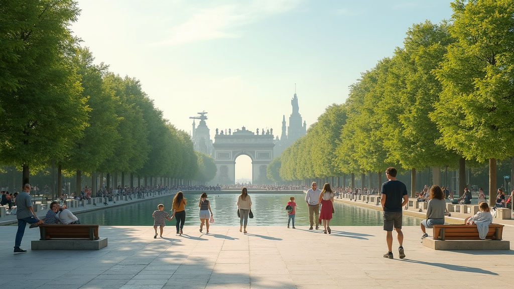 Parc de Boulogne à Paris, avec des personnes marchant, lisant ou s